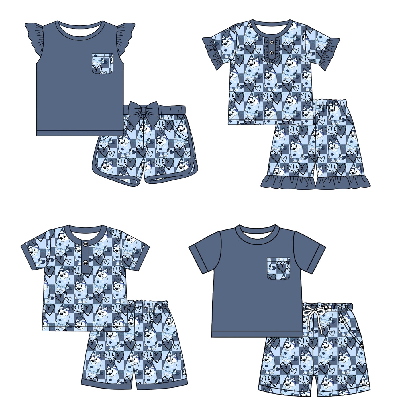 12.30 custom each style moq 5eta 4-6week Sibling Sister cartoon dog baby boy short sleeve shorts sets 1 and sets 2 and set 3 match design