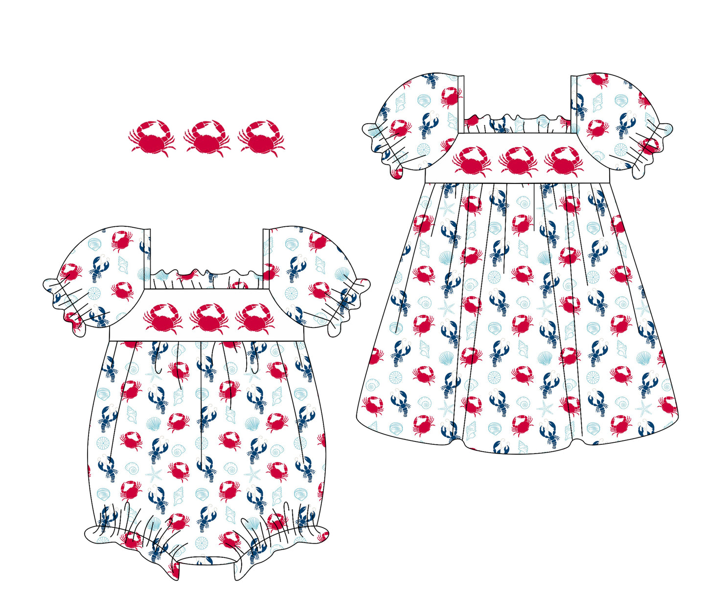 1.10 custom each style moq 5eta 4-6week Sibling Sister crab baby girl short sleeve dress and rompers match family design