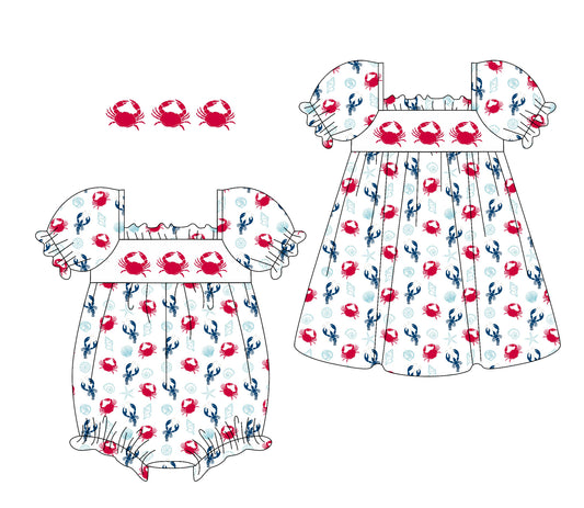 1.10 custom each style moq 5eta 4-6week Sibling Sister crab baby girl short sleeve dress and rompers match family design