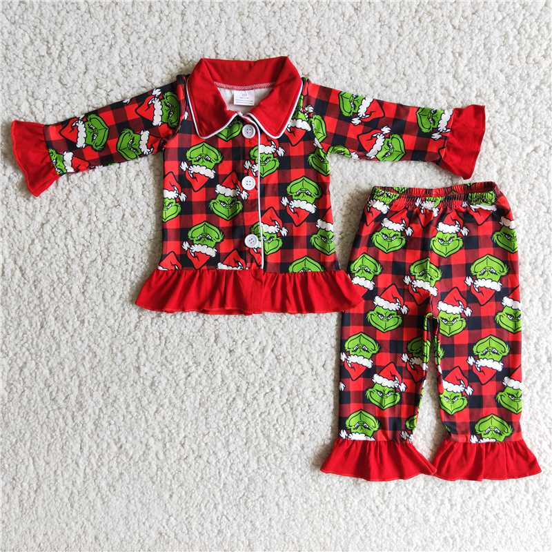 Baby Girls boys Christmas dress up cartoon print Black and red plaid pajamas Family siblings set