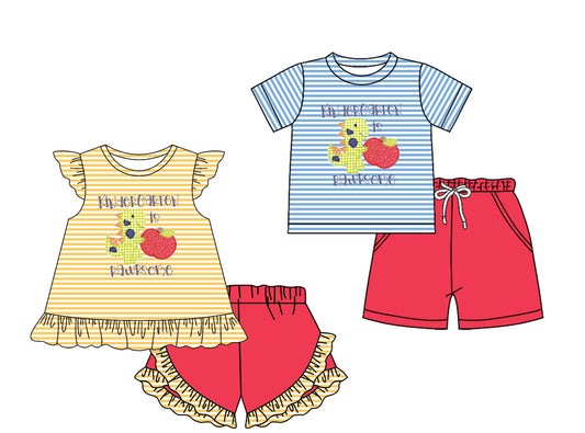 2.7 custom each style moq 5eta 4-6week Sibling Sister back to school baby girls short sleeve shorts sets and set 2 match design