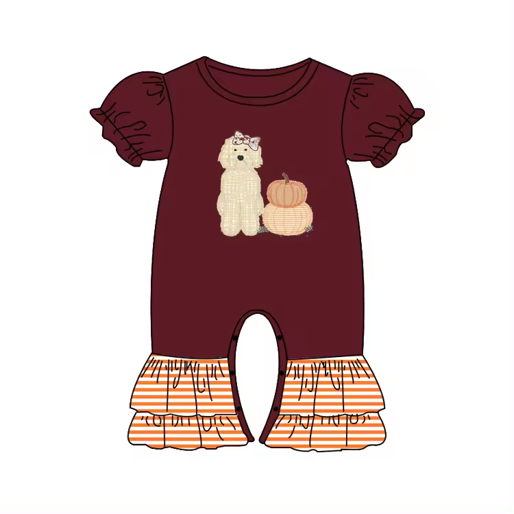 5.10custom each style moq 5eta 4-5week Sibling Sister puppy pumpkin prints brown girls and boys set and baby romper match family design