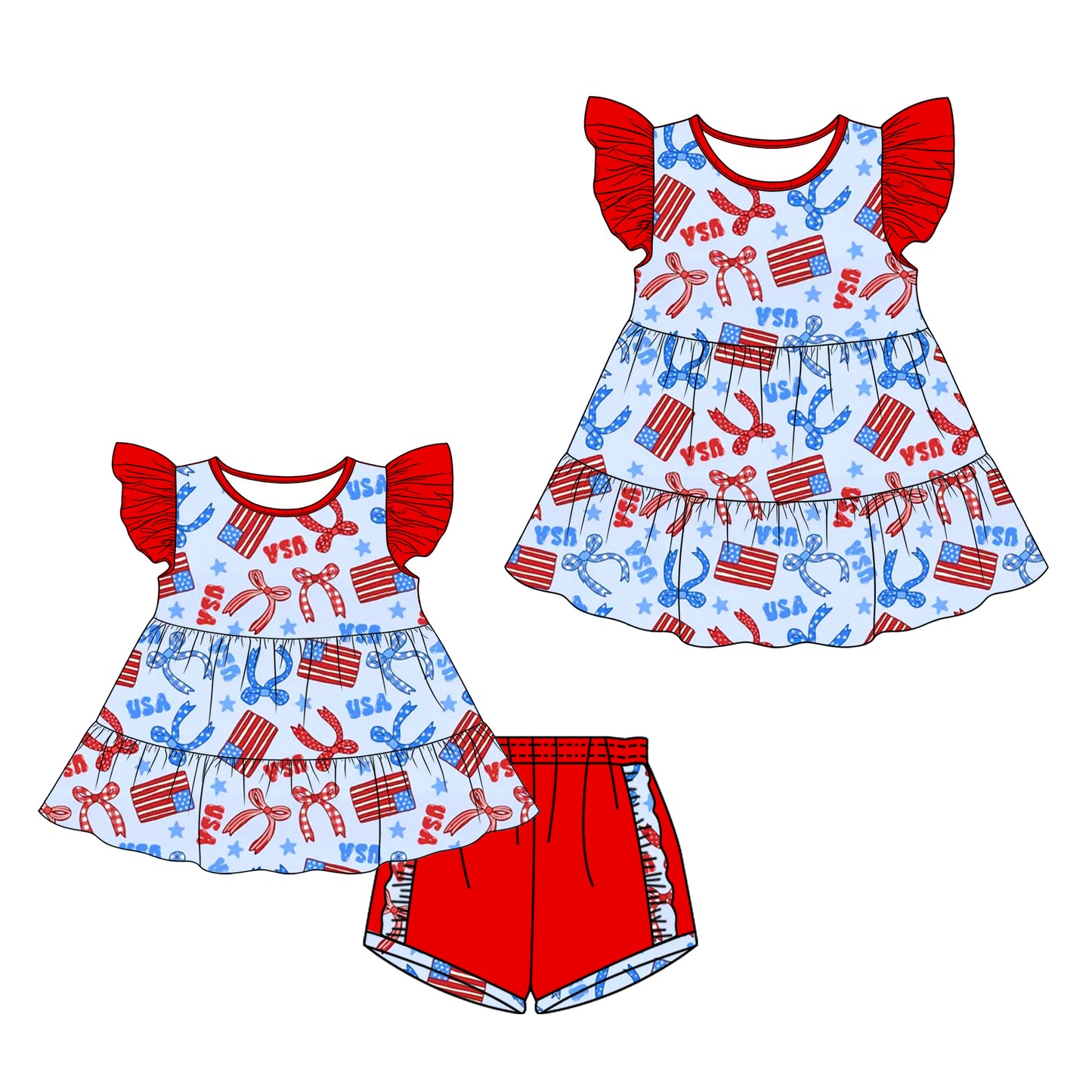 26.1.1 custom each style moq 5 eta 6-8week Sibling Sister USA flag bow baby short sleeve shorts sets and dress match design