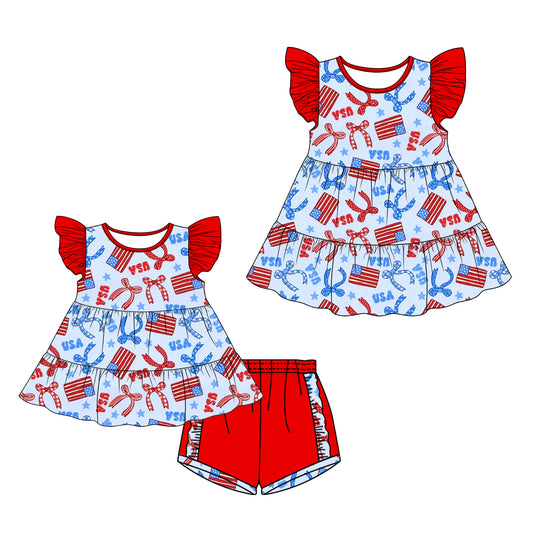26.1.1 custom each style moq 5 eta 6-8week Sibling Sister USA flag bow baby short sleeve shorts sets and dress match design