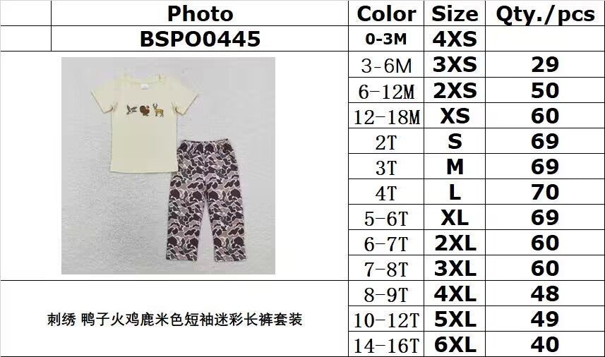 RTS no moq BSPO0445 Embroidered duck, turkey, deer, beige short-sleeved camouflage pants suit