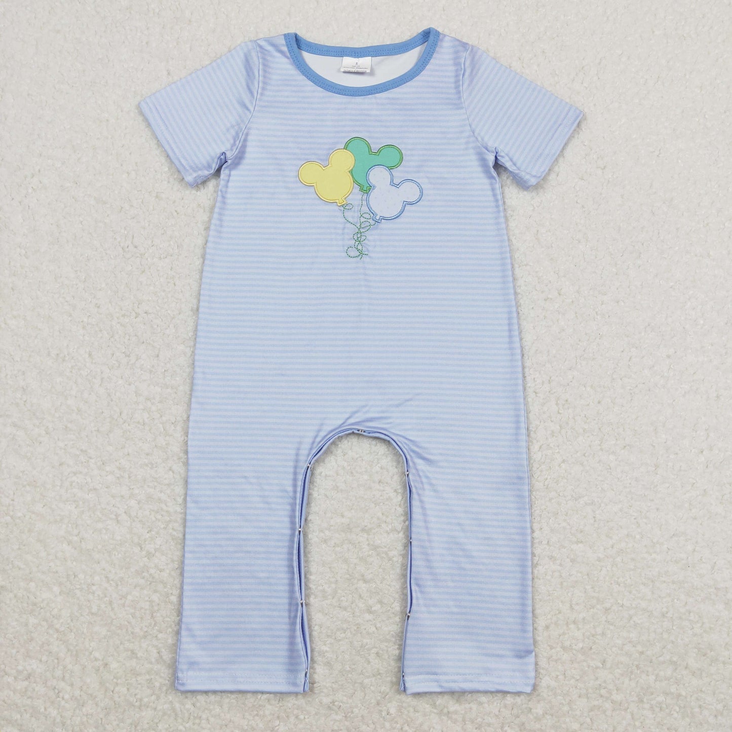 SR0612 Embroidered Mickey Balloon Blue Striped Short Sleeve Jumpsuit