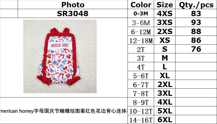 RTS NO MOQ SR3048 american honey letter National Day bow pattern red lace vest jumpsuit