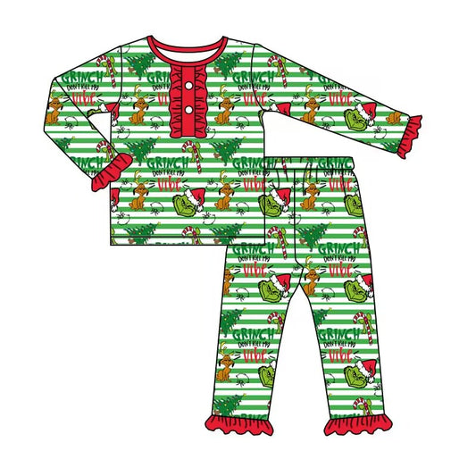 custom moq 5 eta 5-6weeks baby girls clothes Christmas grinch green lace long sleeve pants Set