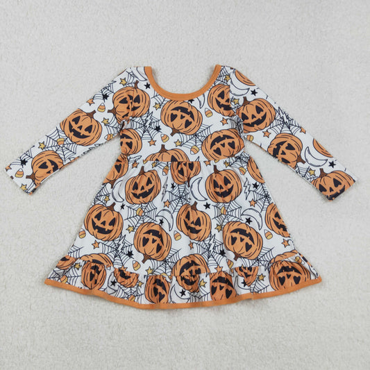 RTS NO MOQ（In Stock) GLD1258 Halloween Smiley Pumpkin Star Spider Web Candy Long Sleeve Dress