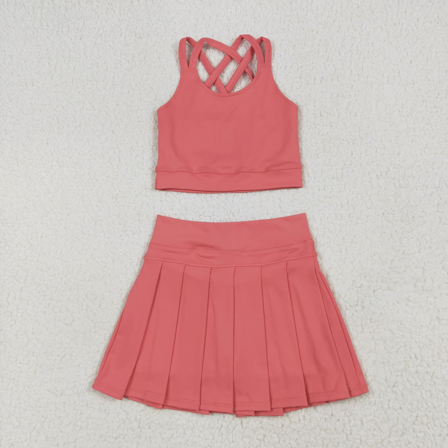 RTS NO MOQ GT1004+GLK0080 Pure coral red camisole yoga top skirt sets