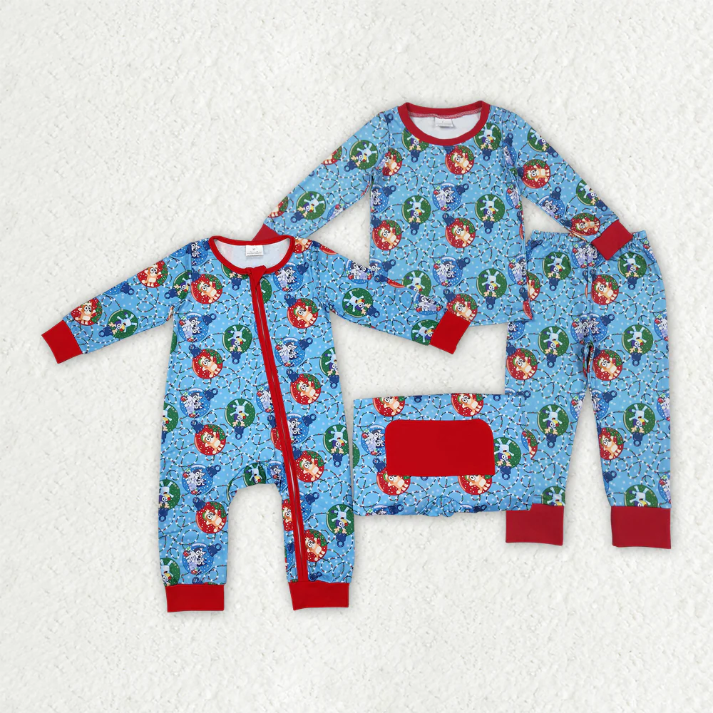 RTS Sibling baby boy clothes Christmas cartoon dog long Sleeve pants sets and romper