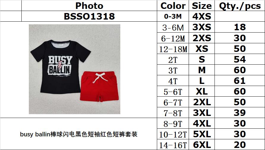 RTS NO MOQ ETA 5/7days Arrived BSSO1318 busy ballin baseball lightning black short-sleeved red shorts suit