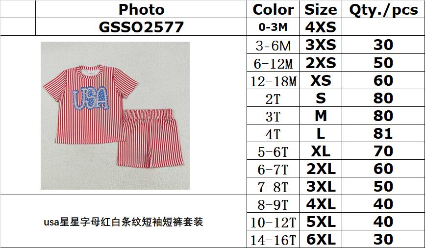 RTS NO MOQ GSSO2577 usa star letter red and white striped short sleeve shorts suit