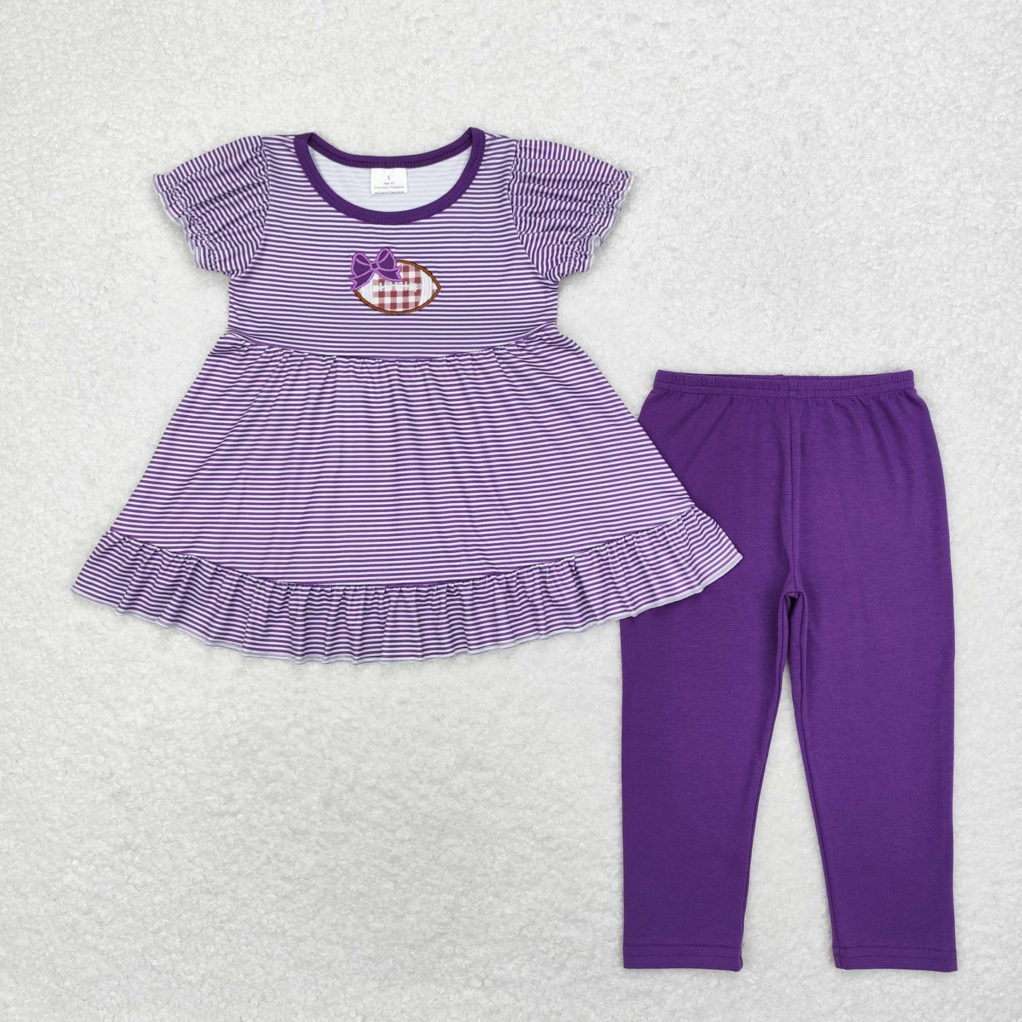 RTS no moq GSPO1676 Embroidered purple bow rugby stripe short sleeve trousers set