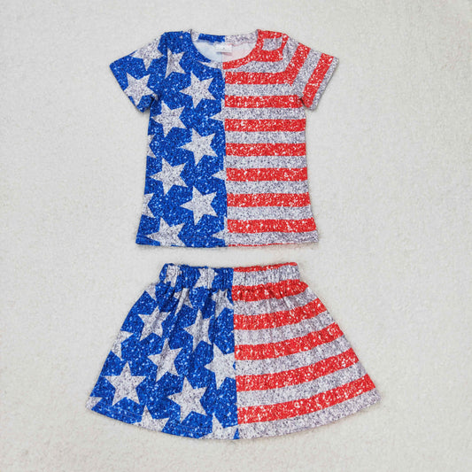 rts no moq GT0584+GLK0024 star stripe splicing short-sleeved top skirt sets