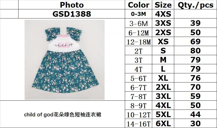 rts no moq GSD1388 Child of God flower green short-sleeved dress