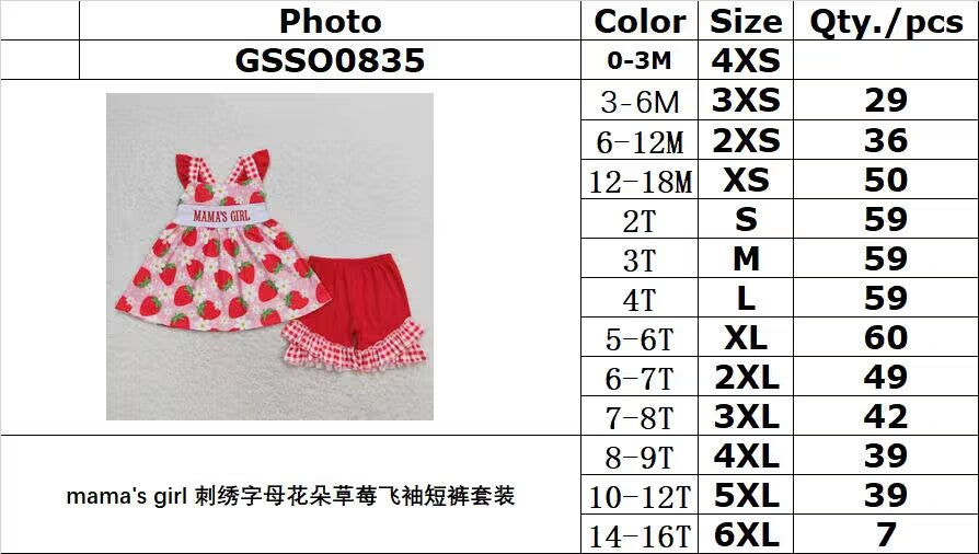 GSSO0835 mama's girl embroidered letter flower strawberry flying sleeve shorts suit