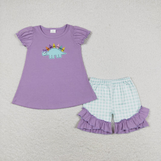 rts no moq GSSO1032 Embroidery Colorful Crayon Dinosaur Purple Short Sleeve Green Plaid Shorts Set