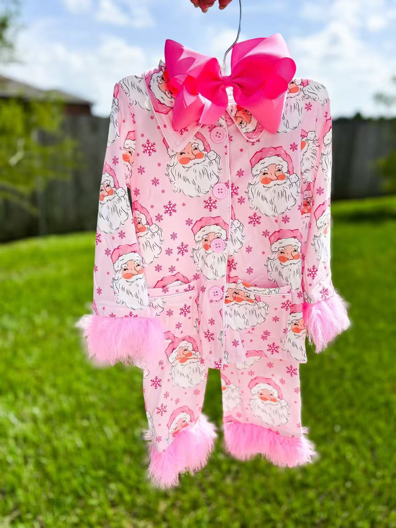RTS NO MOQ Sibling Baby Girls Christmas Pink Plush Button Long Sleeve Long Pants Pajama Sets