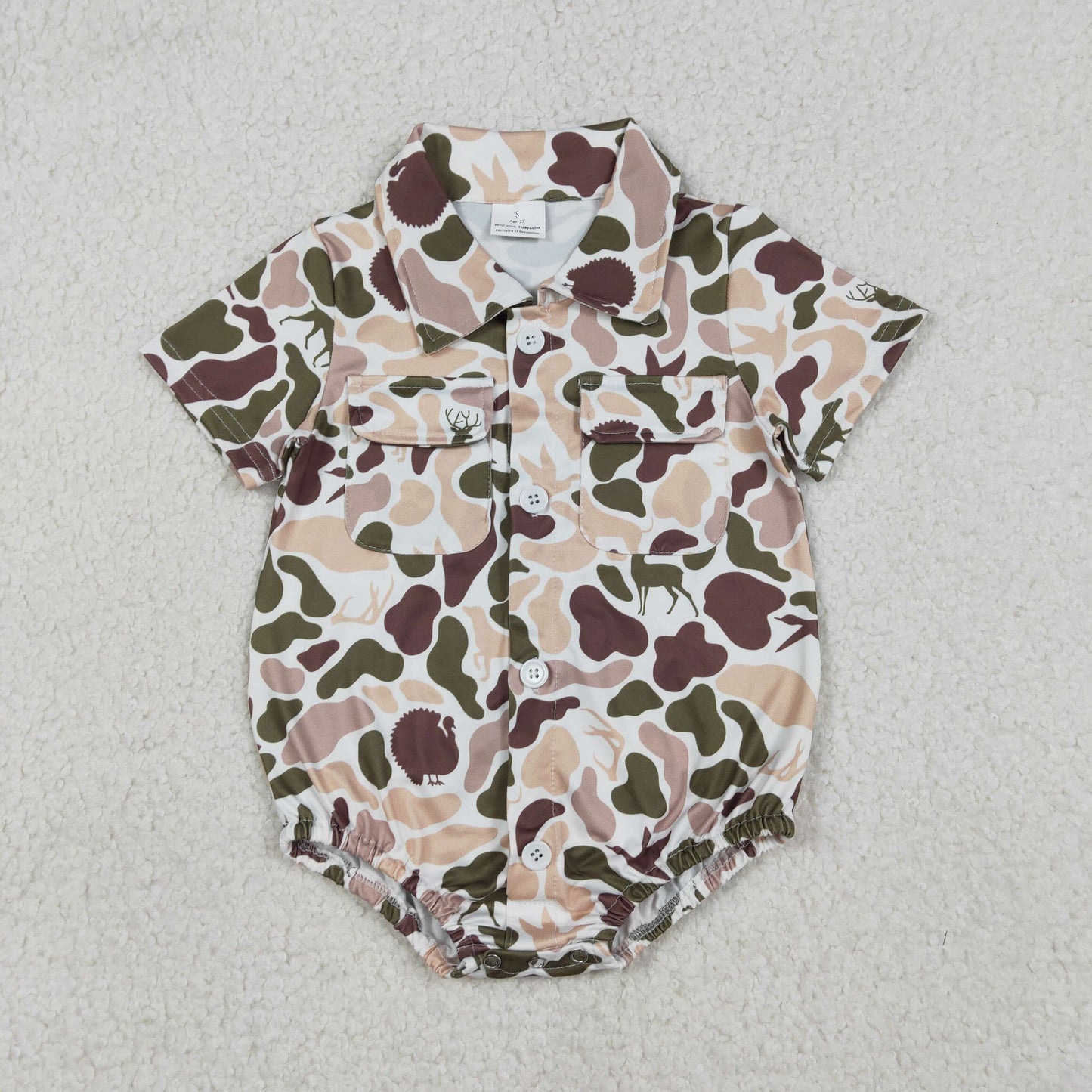 RTS NO MOQ（In Stock) Duck and Puppy Camouflage Pocket Button Collar Short-Sleeve Jumpsuit