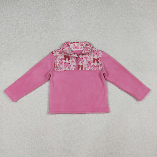 RTS NO MOQ（In Stock)fleece GT1149 Pink Bow Pattern Plush Zipper Long-Sleeved Top