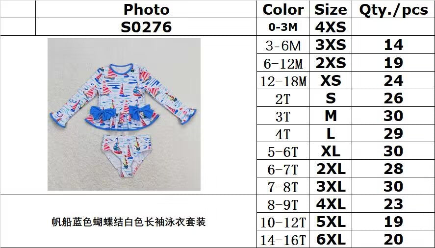 S0276 Sailing Blue Bow White Long Sleeve Swimsuit Suit