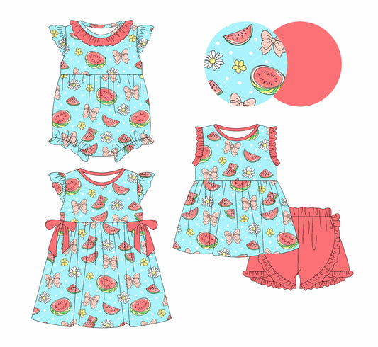 1.6 custom each style moq 5eta 4-6week Sibling Sister watermelon floral bow baby girl short sleeve shorts sets and dress and rompers match family design