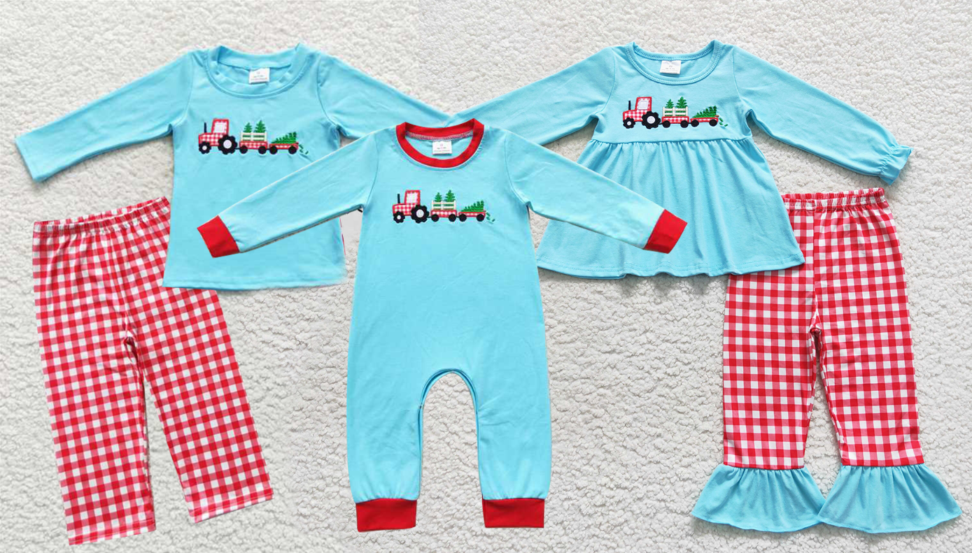 Baby Girls Agricultural tree truck prints blue Sibling Rompers Clothes Sets