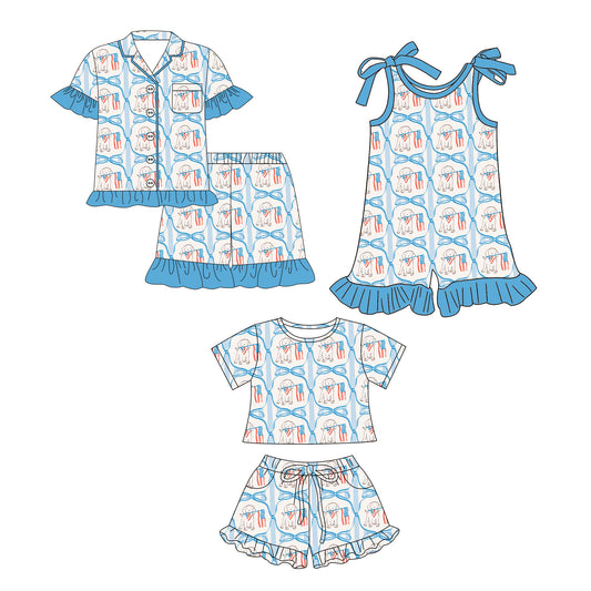 26.1.7 custom each style moq 5 eta 6-8week Sibling Sister puppy flag baby short sleeve shorts sets 2 and jumpsuit match design