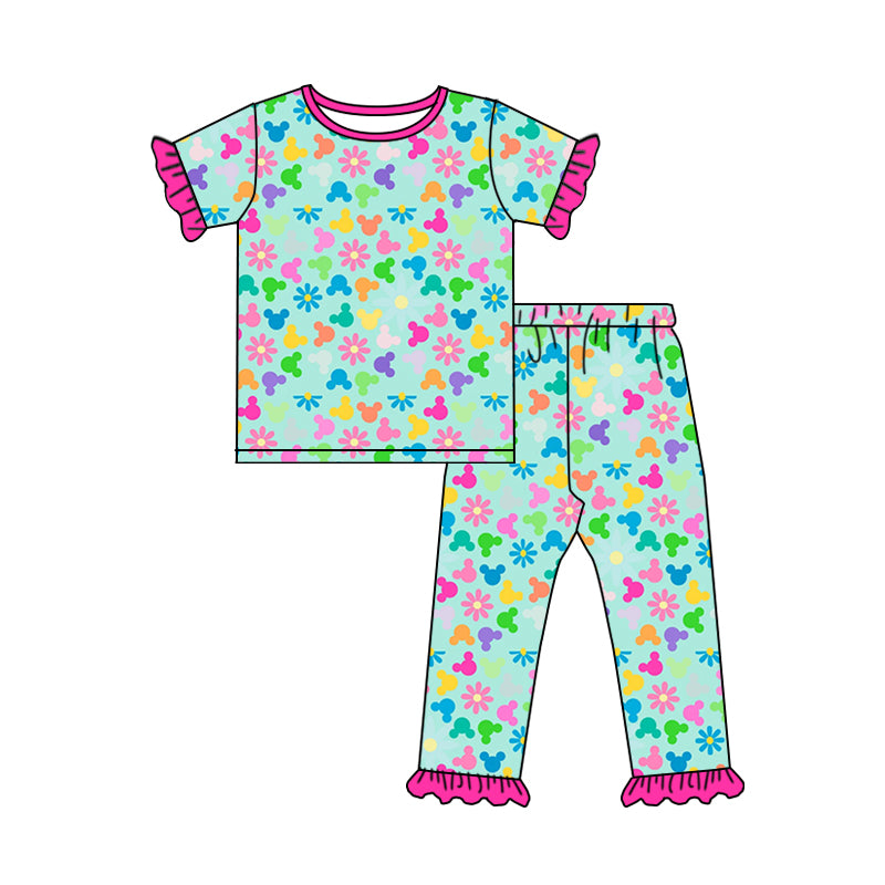 4.27custom moq 5 eta 4-5weeks flower prints geen shorts sleeves with long pants set