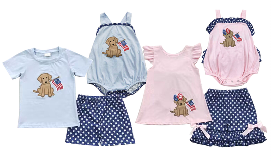 dog prints blue and pink Sibling Rompers Clothes Sets