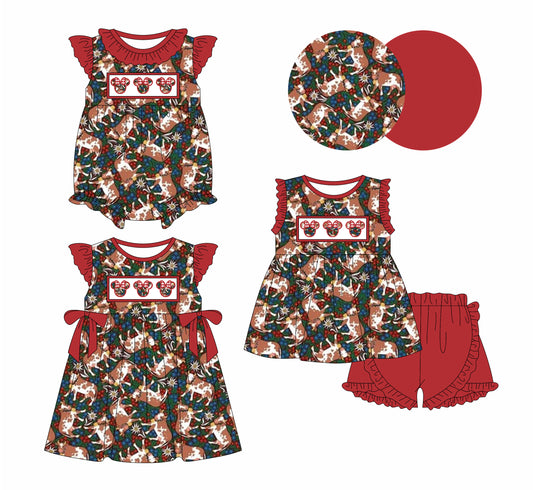 1.18 custom each style moq 5eta 4-6week Sibling Sisters mickey head baby girl short sleeve shorts sets and dress and rompers match family design