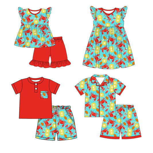 1.3 custom each style moq 5eta 4-6week Sibling Sister crab baby boy short sleeve shorts sets 1 and sets 2 and set 3 and dress match design