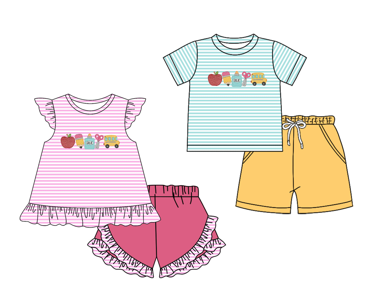 2.7 custom each style moq 5eta 4-6week Sibling Sister back to school baby girls short sleeve shorts sets and set 2 match design