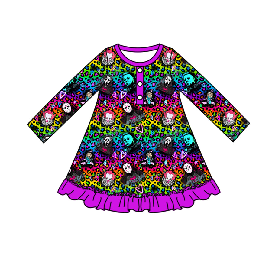 5.2custom each style moq 5eta 4-5week Sibling Sister Halloween cartoon character prints purple girls set and dress and baby romper and backpack match family design