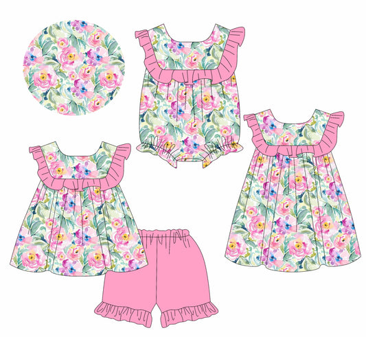 1.13 custom each style moq 5eta 4-6week Sibling Sisters floral baby girl short sleeve shorts sets and dress and rompers match family design