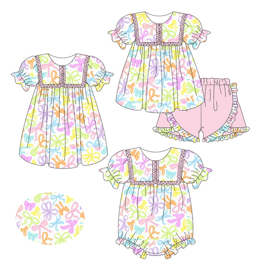 2.14 custom each style moq 5eta 4-6week Sibling Sisters bow baby girl short sleeve shorts sets and dress and rompers match family design