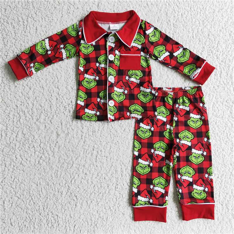 Baby Girls boys Christmas dress up cartoon print Black and red plaid pajamas Family siblings set