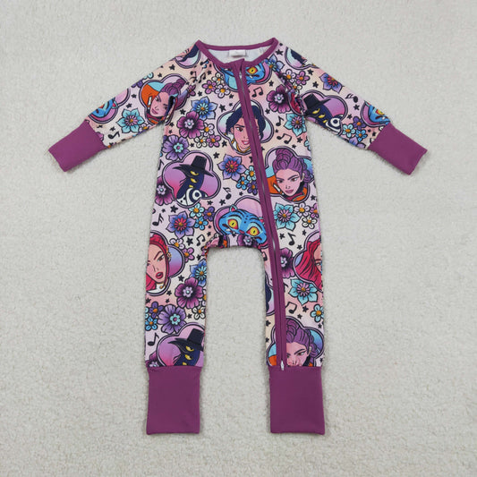 RTS NO MOQ（In Stock ) LR2732 Kpop Floral Music Cartoon Purple Zipper Long-Sleeved Jumpsuit