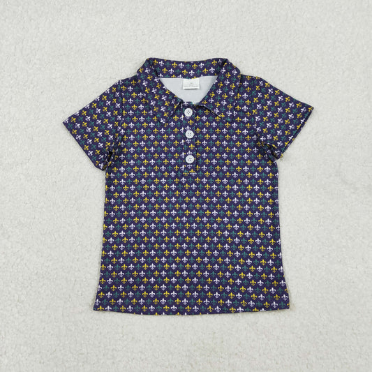 RTS NO MOQ（In Stock) BT1356 Carnival Pattern Purple Button Short-Sleeved Top