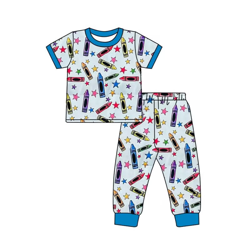 custom moq 5 eta 5-6weeks baby girls clothes crayon blue short sleeve grid Pants Sets