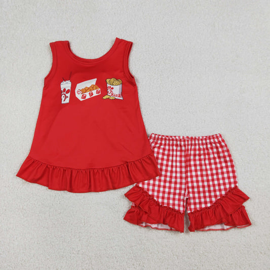 RTS NO MOQ（In Stock) GSSO3009 Chicken Fried Chicken Snack Red Sleeveless Plaid Shorts Set