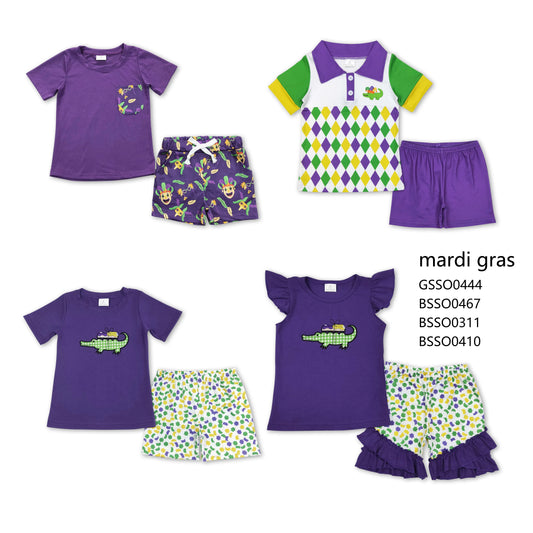 RTS NO MOQ GSSO0444 BSSO0467 BSSO0311 BSSO0410 Baby Girls and Boys Masked Party Purple Short Sleeve Shorts Set