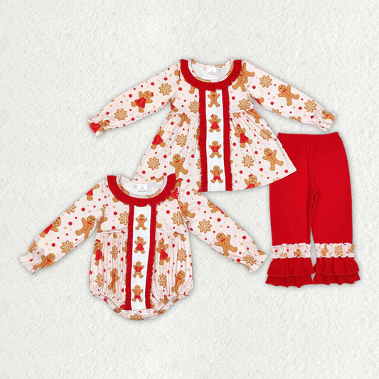 RTS NO MOQ Baby Girls Christmas Gingerbread Bear Red Lace Climbing Suit & Lace Long Sleeve Pants Set