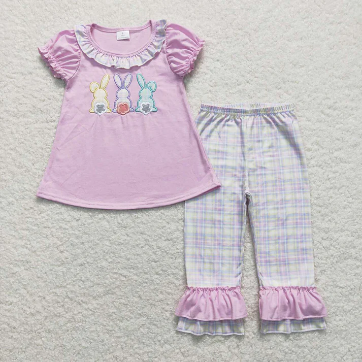 RTS NO MOQ Easter embroidery Short Sleeve Pants Set & Climbing Suit