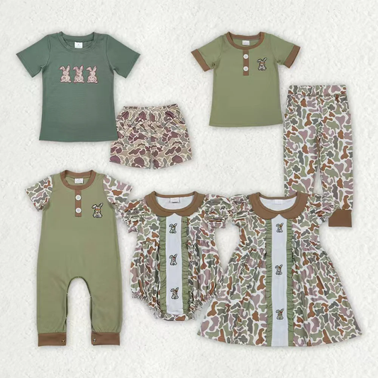 RTS NO MOQ Sibling baby girl boy clothes embroidery easter short-Sleeve rompers and sets and dress