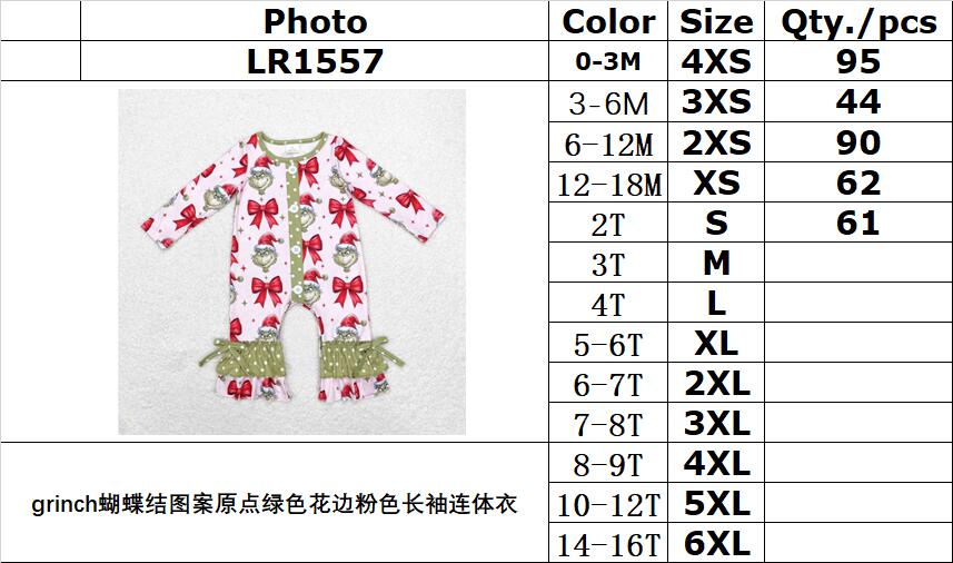 rts no moq LR1557 grinch bow pattern original green lace pink long-sleeved jumpsuit