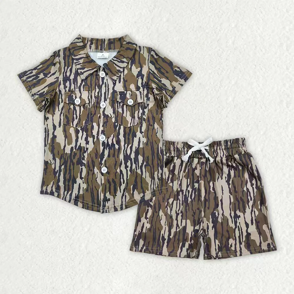 RTS NO MOQ Sibling baby boys clothes camouflage button short-sleeved shorts sets