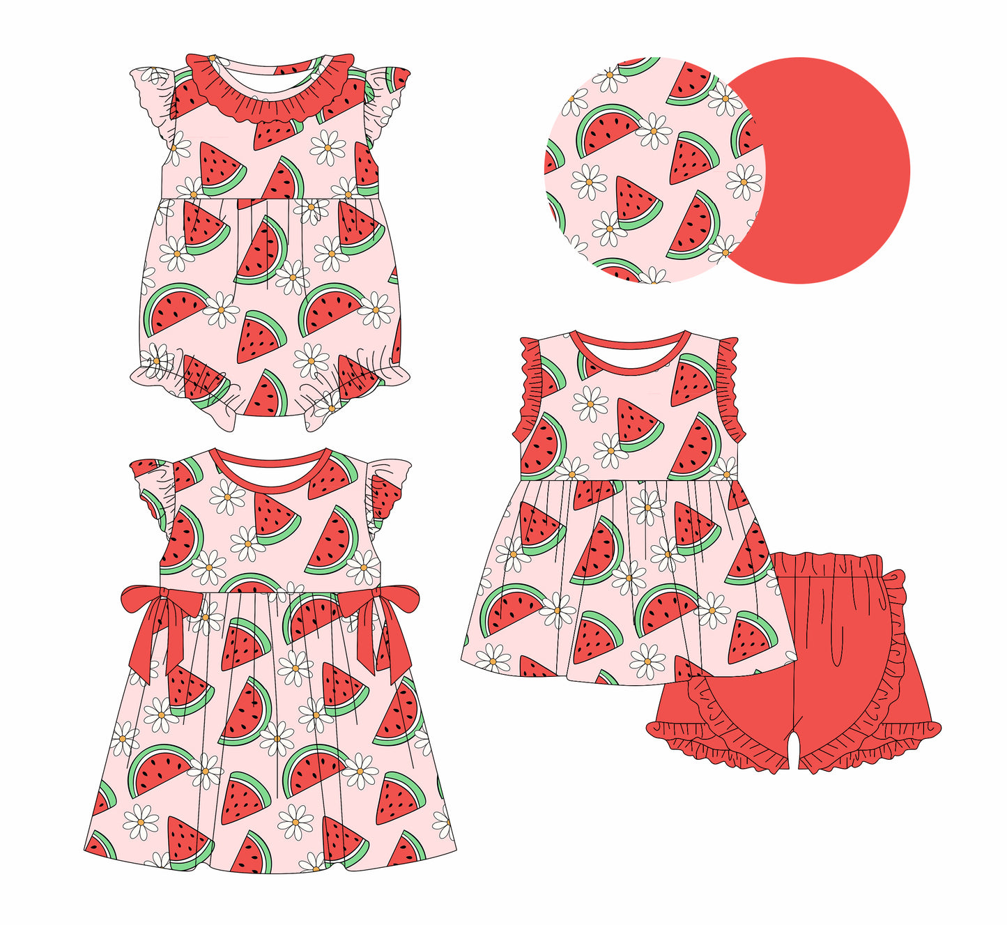 1.4 custom each style moq 5eta 4-6week Sibling Sistes watermelon baby girl short sleeve shorts sets and dress and rompers match family design