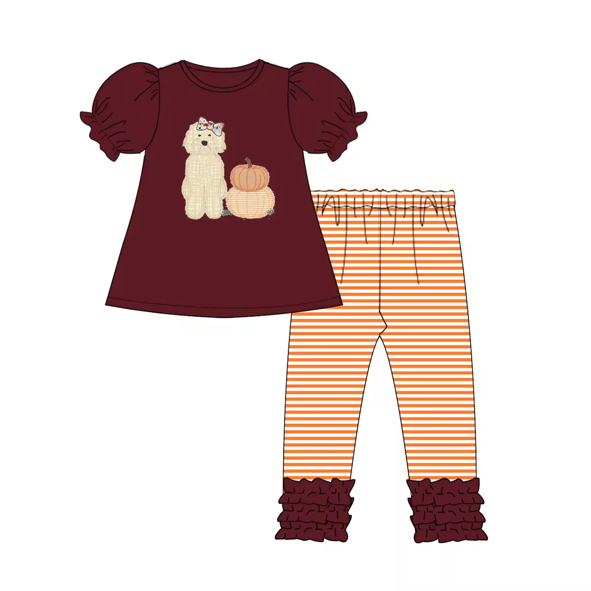 5.10custom each style moq 5eta 4-5week Sibling Sister puppy pumpkin prints brown girls and boys set and baby romper match family design